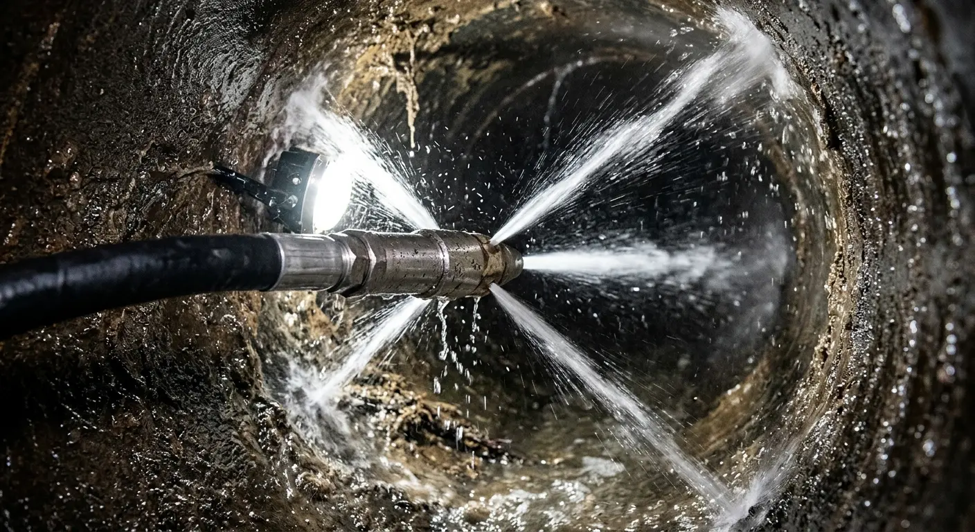 High-pressure hydro jetting nozzle cleaning sewer pipe for Storm Drain Cleaning in Elk Grove Village