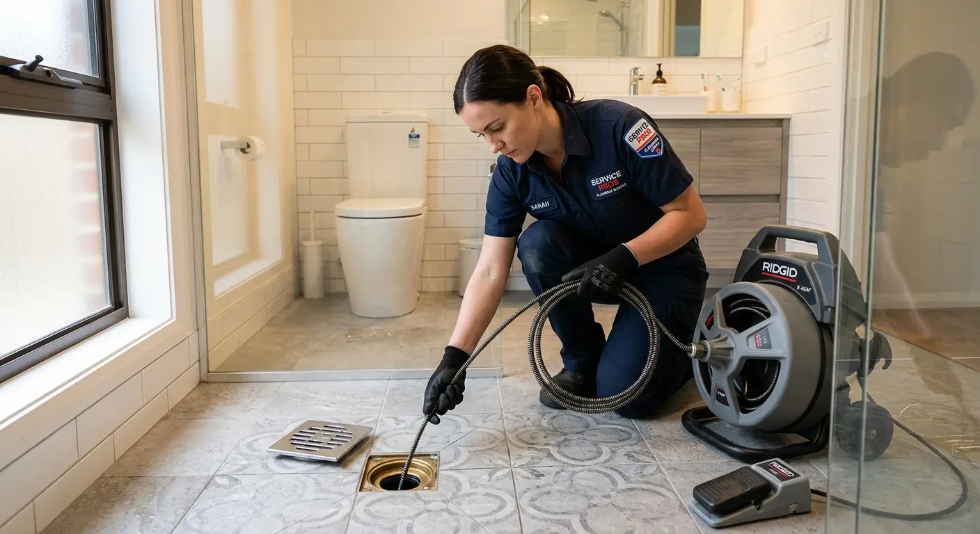 Technician clearing a bathroom floor drain for Sewer Line Installation in Elk Grove Village